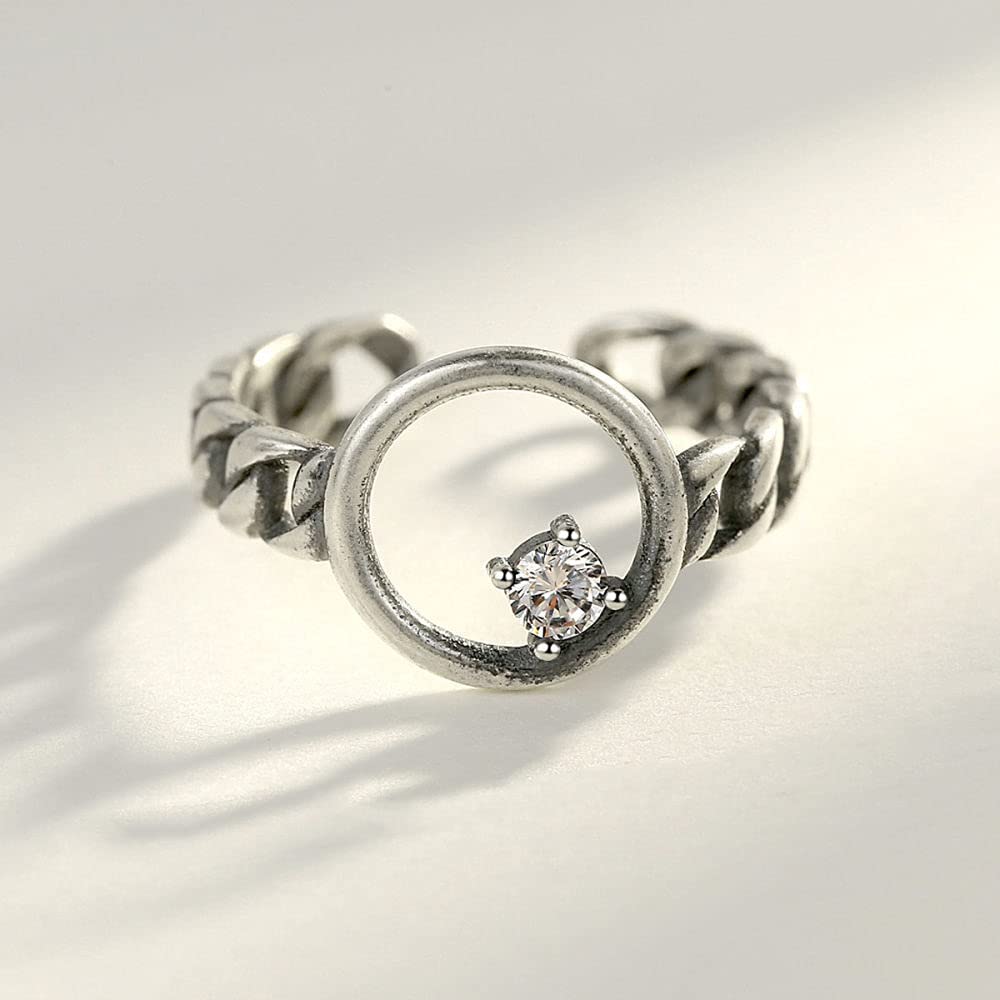 Elegante anello regolabile per donna - Anello da dito aperto a disco vintage S925, con anello articolato impilabile in zirconio 3A, regali economici per festival per donne e G