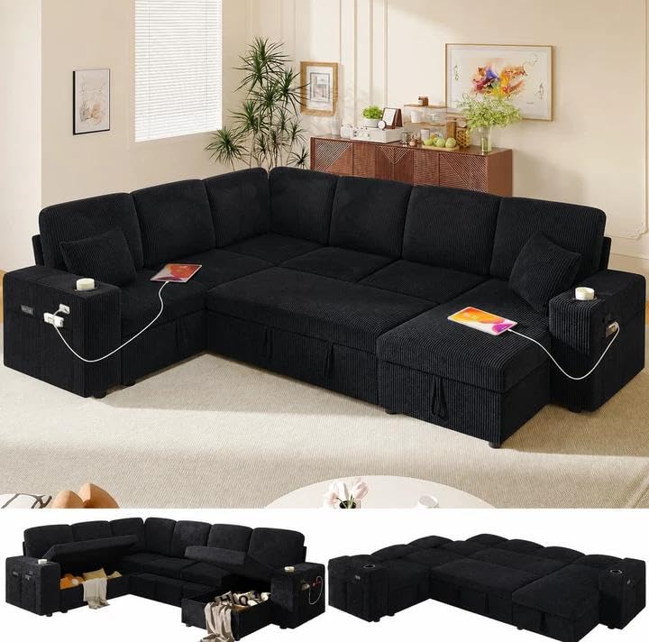 Image of Modular Sectional Sleeper Sofa with Pull Out Bed, 108 Inch U Shaped 7 Seat Couches for Living Room, Chenille Fabric Cloud Couch Bed with Storage, Reclining Backrest, USB Charging, Corduroy