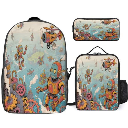 Steampunk 3pcs Lightweight Travel Backpack Printed Backpack With Lunch Pack Storage Box Case