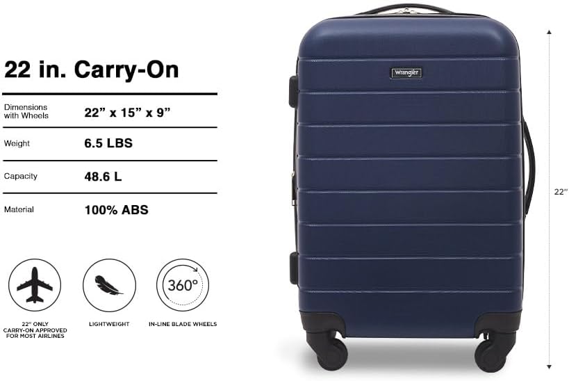 Wrangler Smart Spinner Hardside Luggage, 22-Inch Carry-On, Navy Blue - Image 2