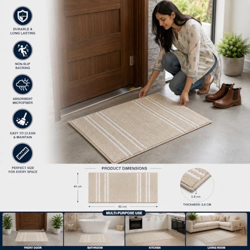 Image of DecorTwist Mosaic Super Soft Microfibre Bath Mat | 2000 GSM Anti-Skid, Quick Dry & Water Absorbent | Non-Slip Mat for Bathroom, Bedroom & Kitchen Floor | 60x40 cm | Style 1 Beige| Pack of 1