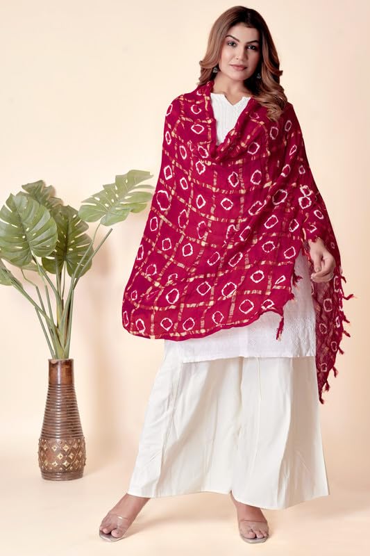 Image of Women Bandhani Dupatta | Traditional Chunri Print with Decorative Border | Lightweight Ethnic Stole for Festive and Wedding Wear