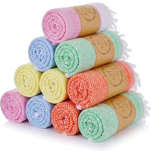 HunnmingRe 10 Pack Oversized Turkish Beach Towels Bulk 70\" x 40\" Large Quick Dry Sand Free Pool Swim Towel Set Lightweight Travel Towels for Bridesmaid Gifts, Camping Blanket