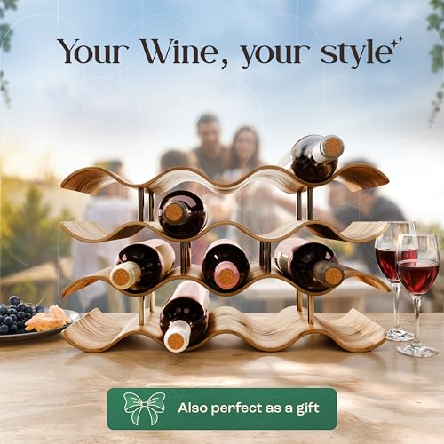 Dreiklang – be smart Drewniany stojak na wino na 14 butelek | Stabilny i wolnostojący, nowoczesny i dekoracyjny design | Kompaktowy i oszczędzający miejsce, wąski, 4 poziomy (43 × 37 × 15,7 cm)