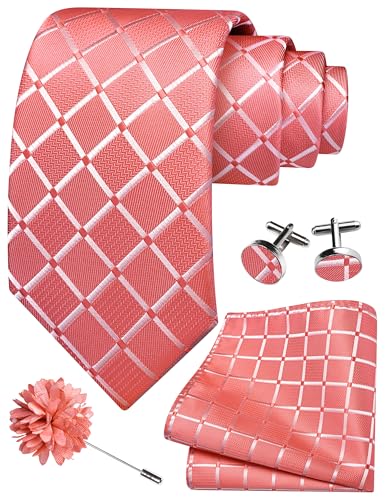 Image of GUSLESON 3.15 inch(8cm) Mens Tie and Lapel Pin Plaid Checkered Necktie Hankerchief Cufflinks Set for Men