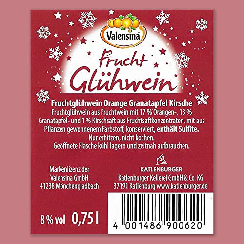 VALENSINA - Fruchtglühwein Orange-Granatapfel-Kirsch | Fruchtglühwein mit Saft aus frischen Orangen und Kirschen sowie Granatapfel. Inhalt: 6x 750ml und 8% vol.