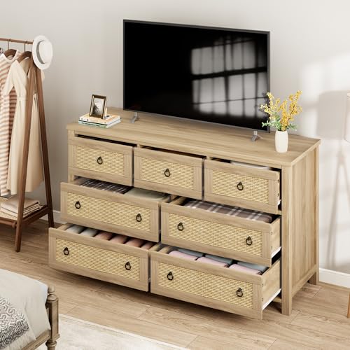 Rattan-7-Dresser-for-Bedroom-472-Wide-Dresser-Boho-Wide-Drawer-Dresser-with-Storage-Wooden-Closet-Dressers-Chest-of-Drawers-Freestanding-for-Bedroom-Nursery-Living-Room-Natural Rattan 7 Dresser for Bedroom 472 Wide Dresser Boho Wide Drawer Dresser with Storage Wooden Closet Dressers Chest of Drawers Freestanding for Bedroom Nursery Living Room Natural