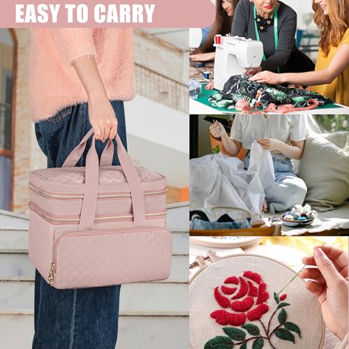 Image of YARWO Double-Layer Sewing Supplies Organizer Bag with 5 Detachable Dividers | Portable Sewing Accessories Storage Case, Multi Pockets for Sewing Kits, Top Handle, Gifts for Sewing Beginner, Dusty Rose