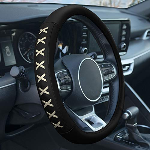 Image of FH Group Universal Fit 15 Inch Genuine Leather with Lace-Up Detailing Steering Wheel Cover fits Most Cars, SUVs Beige
