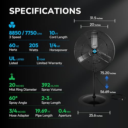 Image of Tornado 30 Inch Outdoor Misting Pedestal Fan, 8850 CFM High Velocity Oscillating Fan with Water-Resistant Design, 10 Brass Nozzles & 19.69 FT Hose for Patio, Garden, Backyard Cooling