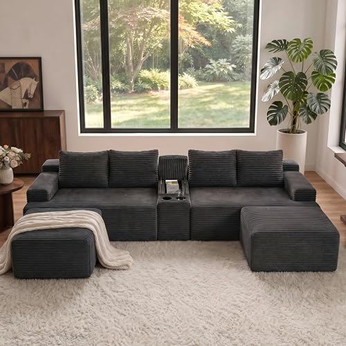 Image of 140 inch U-Shape Corduroy Boneless Couch, Modular Sectional Sofa Dark Grey | Cloud Comfort, Boneless Couches for Living Room, 2 Ottomans, Oversized Sofa, Storage & Cupholders, No Assembly Required