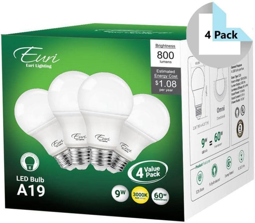 Euri Lighting EA19-6100-4 LED A19 Bulb, 3000K, Non-Dimmable, 9W (60W Equivalent) 800 lm, Medium Base (E26), UL Listed (Pack of 4)
