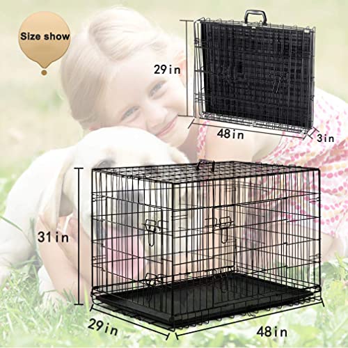 Dog Crate Dog Cage Pet Crate 48" Folding Metal Pet Cage Double Door W/Divider Panel Dog Kennel Leak-Proof Plastic Tray Wire Animal Cage #TOP6