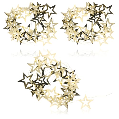 COM-FOUR® 3X Guirnalda Dorada con Estrellas - Guirnalda de Navidad para los Adornos del árbol de Navidad - Guirnalda de Estrellas para la Corona de Adviento - 2 m