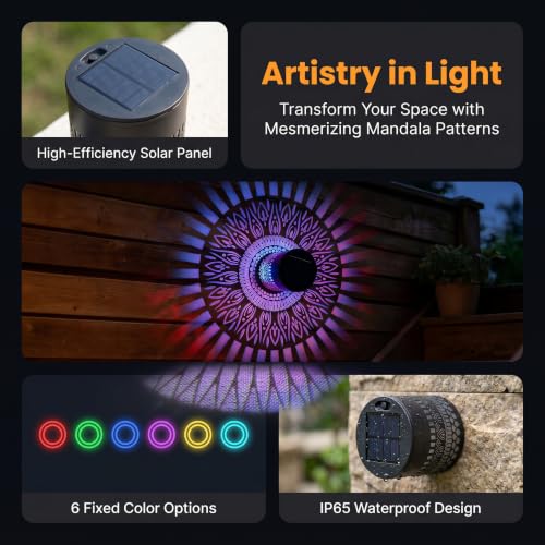 Life Wheel Solar Projection Lights Outdoor, New Version Solar Mandala Lights, 6 Color Changing Waterproof Metal Fence Lights for Yard, Wall, Garden, Patio, Backyard Decoration, Multicolor, 2 Pack — view 5