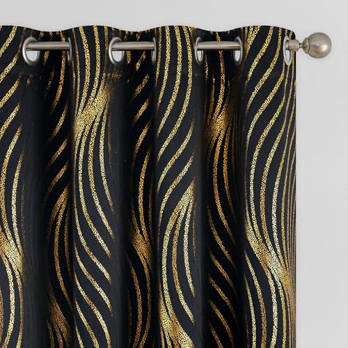 Xwincel 100% Blackout Curtains for Bedroom, Black Gold Wave Line