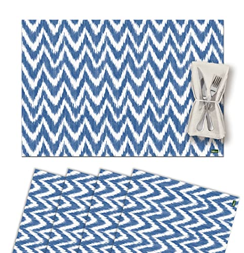Set di 4 Sottopentola Singola in Vinile Lavabile Impermeabile Antimacchia Antiscivolo Antiaderente e Resistente al Calore Stile Ikat-Mallorca Zig Zag. INCA blu