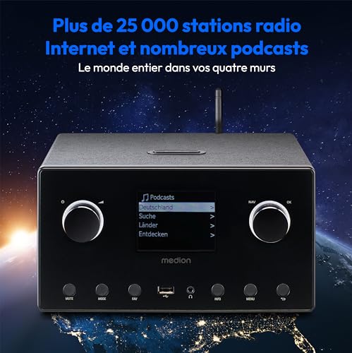 MEDION Poste Radio Internet, Radio Portable Dab et FM avec Fonction WiFi, Bluetooth, Streaming et Spotify, Radio Dab+ avec Fonction réveil, Sleep Timer et Snooze, Noir