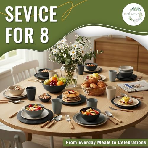 Image of 40 PCS Wheat Straw Dinnerware Set | Service for 8 Plastic Dishes Set Unbreakable Plates and Bowls Sets, Drinking Glasses, Dishwasher and Microwave Safe Dish Set for KItchen - Gray Stone
