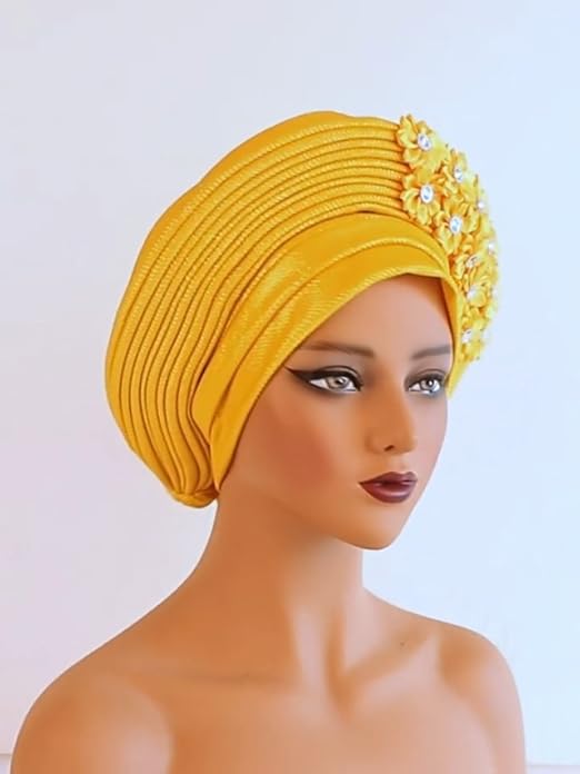 African Gele Headwrap - Gold Handmade Nigerian Wedding Headtie With Braid Design