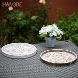 Hanobe Okrągła drewniana taca dekoracyjna: rustykalna taca na stolik kawowy taca wiejska dekoracja bielona element centralny drewniane tace do serwowania okrągła taca na blat kuchenny Boho taca na puf
