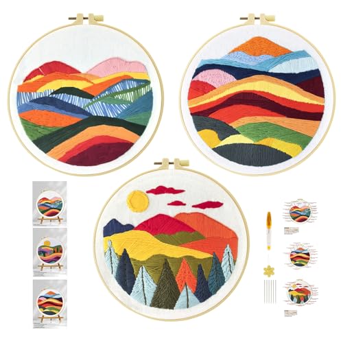Image of Xinpinzhou 3 Pcs Mountain Landscape Embroidery Kit for Beginners Adults | Beginning Easy Stamped Funny Hand Embroidery Patterns Starter Kits Set Bordado with Cloth, Thread, Needle, Hoop, Scissors