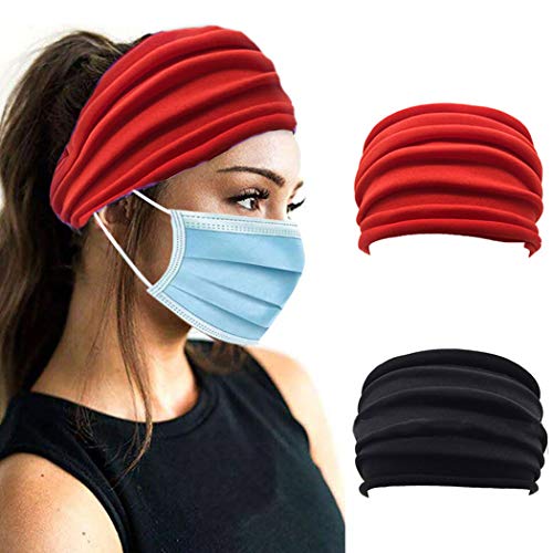 Nicute Boho Turban Wide Headbands Red and Black Stretch Hair Bands Sport Head Wraps for Women and Girls(Pack of 2)