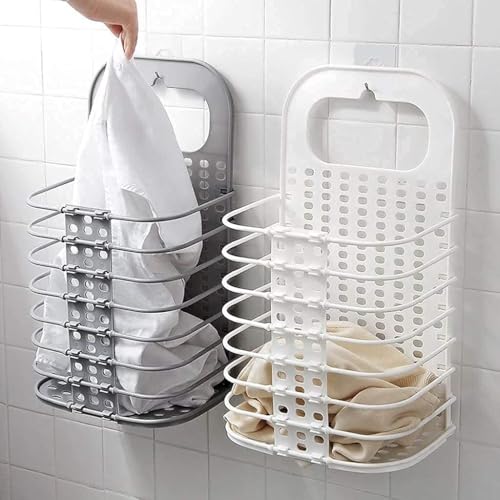 Image of Plastic Laundry Hamper Bag For Bathroom, Bedroom, Kitchen, Home, Office || Wall Mounted Bathroom Hanging Foldable Laundry Storage Basket For Dirty Clothes, Grey