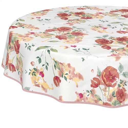 Nappe en Toile cirée Lavable, Facile d'entretien, imperméable, Effet Lotus, pour Table de Jardin, Motif Coquelicots, Ronde, 140 cm, avec Ourlet, bordée