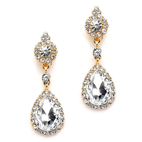 Mariell Gold Clip-On Earrings with Austrian Crystal Teardrop Dangles - Prom & Bridal Chandelier Clip Ons
