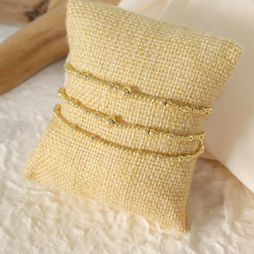 Gold Beaded Stretch Stack Bracelets Set for Women, Trendy Stackable Agate Gemstone Bead Elastic Friendship Bracelet Summer Fashion Jewelry Couple Gift4