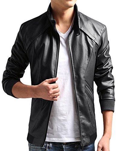 ZSHOW Men's PU Faux Leather Black Belted Design Quick Dry Slim Bomber Jacket Casual Wear(Black,Medium)