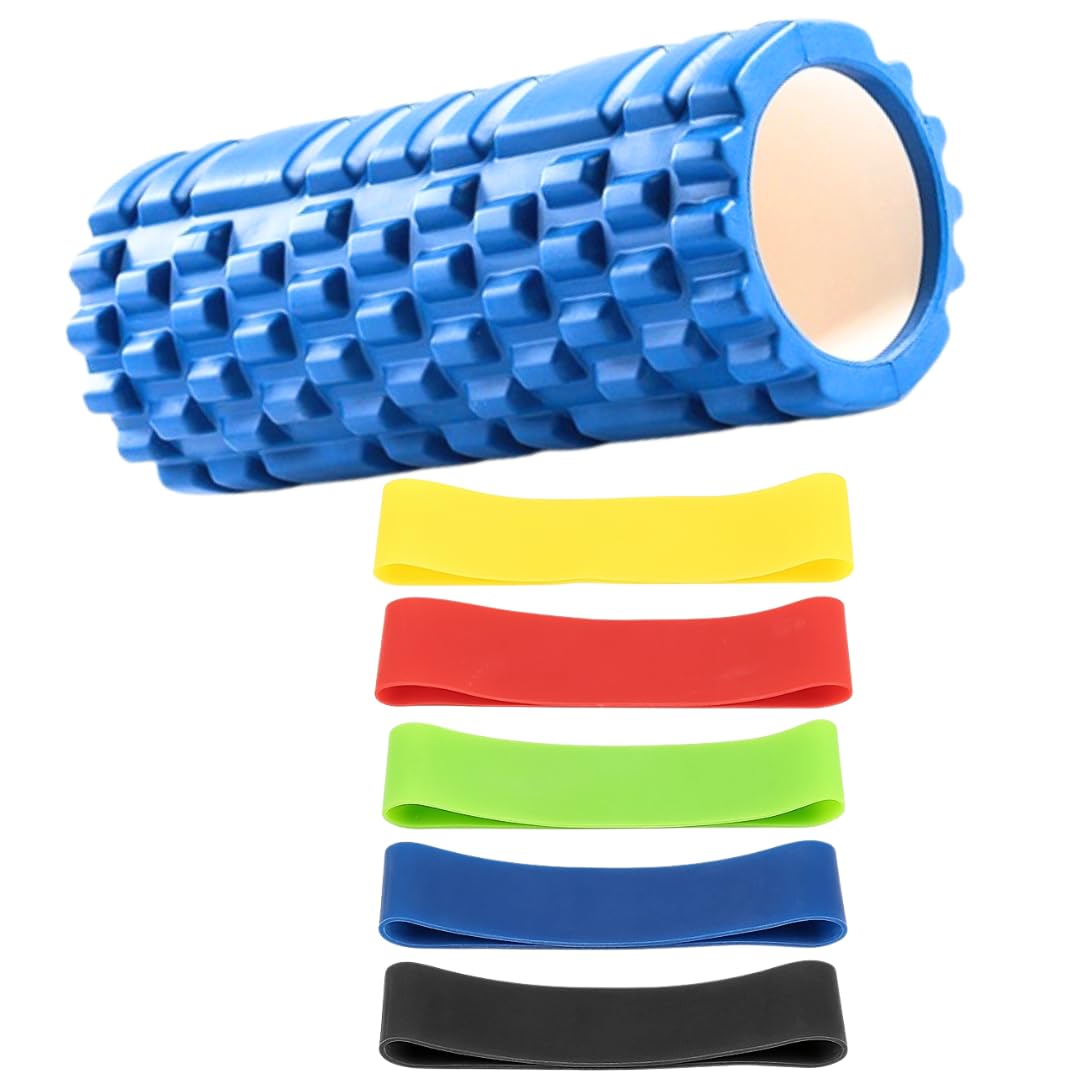 ZENON 13" Deep Tissue Grid Yoga Fitness EVA Massage Foam Roller Medium Density Deep Tissue Massager for Muscle Massage and Myofascial Trigger Point Release, Yoga Accessory, Compact Design, Ergonomic Shape, Nonslip Surface, Durable Foam, Selfmassage Tool with set of 5 latex resistance bands-image-35
