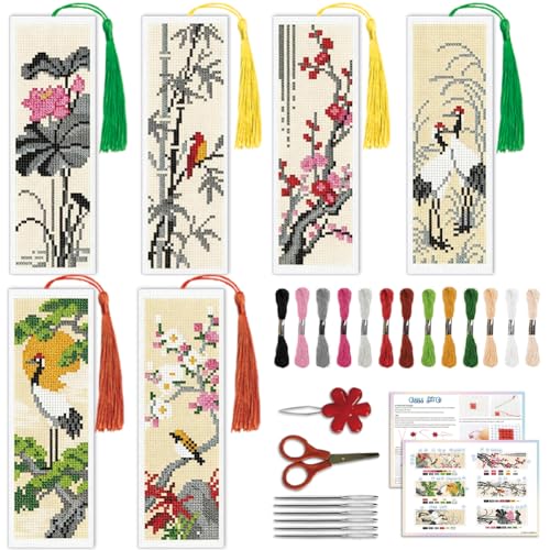 Image of ACRNIGHEET 6PCS Cross Stitch Bookmark Kit for Beginner Chinese-Style Stamped Cross Stitch Kits Needlepoint Kit for Adults DIY Tassel Embroidery Bookmark Kits with Instructions Craft Gift 8.5 inchx3 inch 11CT