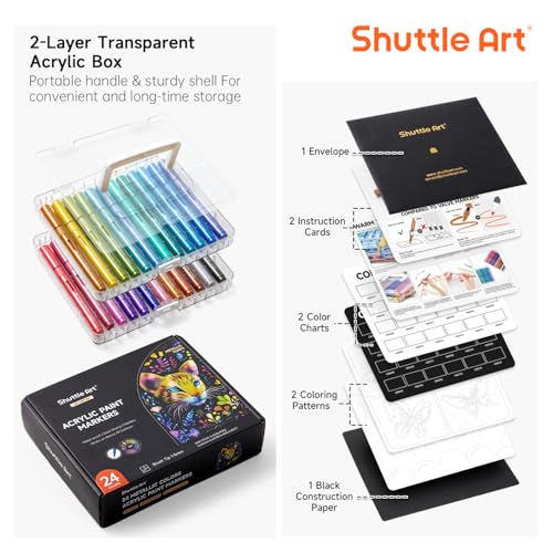 Image of Shuttle Art Automatic Ink Control Acrylic Paint Markers, 24 Metallic Colors Brush Tip Acrylic Paint Pens for Rock Painting, Ceramic, Wood, Canvas, Glass, Stone, Fabric, Card, DIY Football Crafts