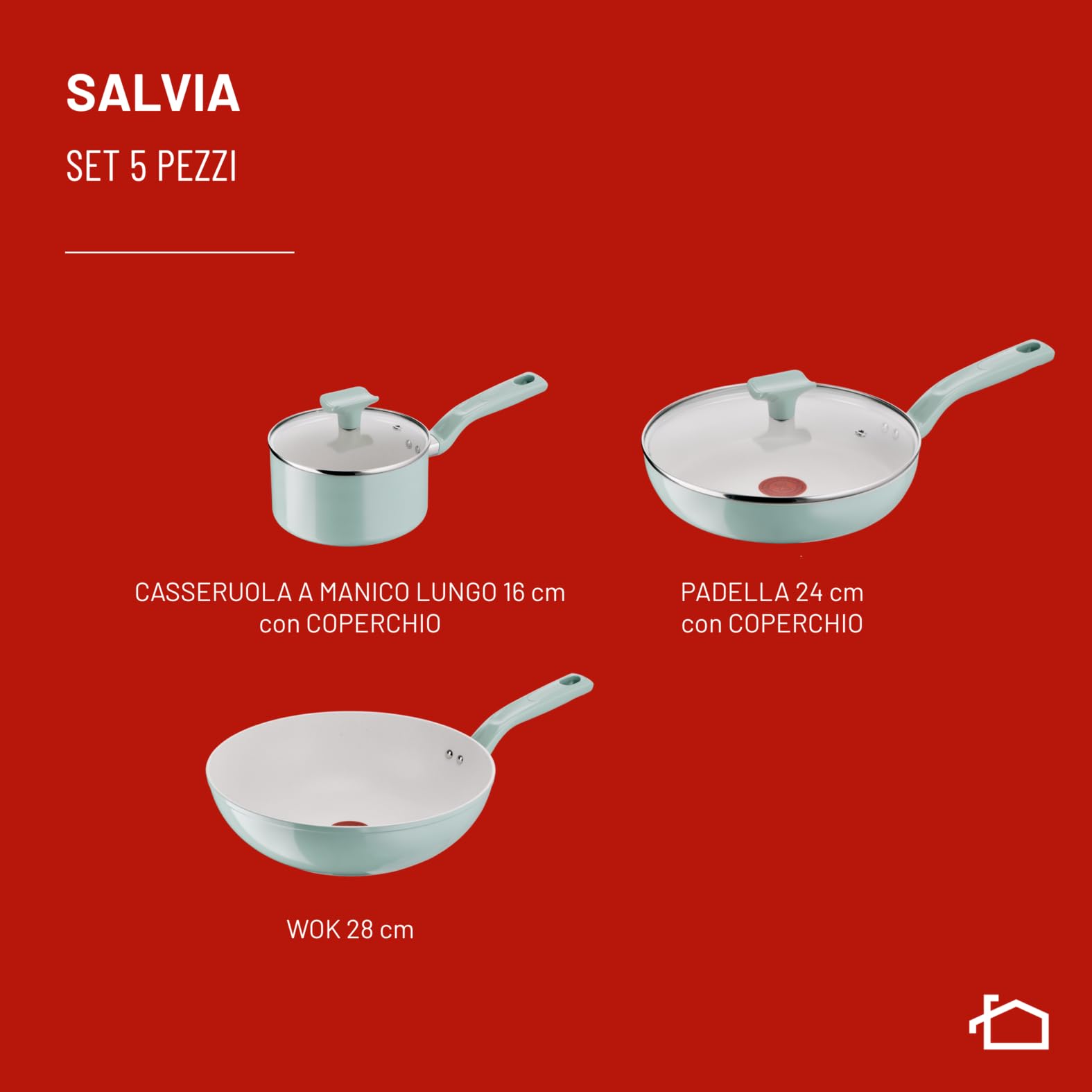Lagostina Salvia, Set di Padelle e Pentole Antiaderenti 5 Pezzi in Alluminio Riciclato, Rivestimento Mineralia, Indicatore di Calore Thermo-Signal, Manico Rivettato, Compatibili con Induzione