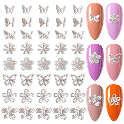 DANNEASY 40pcs 3D Silver Nail Charms Butterfly Flowers Nail Art Charms Charms for Nails Metal Nail Butterflies Nail Studs Alloy Nail Jewelry Nail Decorations for Nail Art Accessories