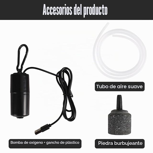 Foto 2 de 8 de Mini bomba de aire para acuario, aireador de aire USB con 92 cm manguera de oxígeno