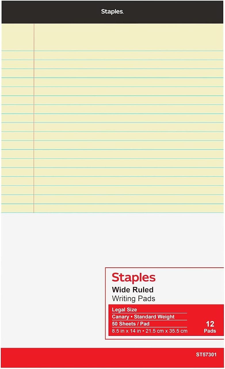 TRU RED Legal Pads, 8.5” x 14”, Wide Ruled, Canary, 12‑Pack
