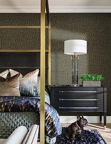 Guvana Black/Gold Peel And Stick Wallpaper Textured Contact Paper Grasscloth Self Adhesive Wallpaper 15.7"X118" Modern Embossed Contact Paper Removable Diy Wallpaper For Bedroom Decor Vinyl Roll #TOP2