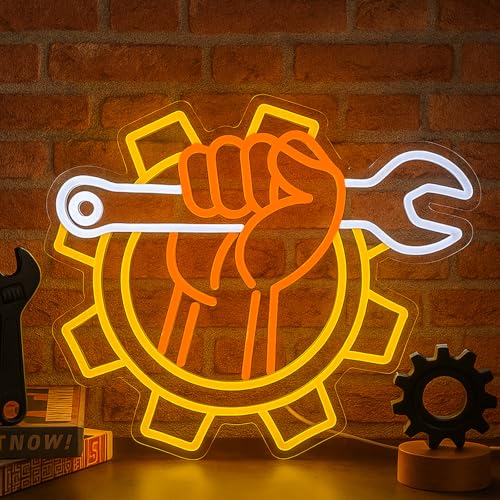 Image of Wrench Neon Sign for Wall Decor - USB Powered LED Garage Sign with Dimmer, Car Room Accent Light, Auto Repair Workshop Wall Lamp, Man Cave Neon Decor, Gift for Dad or Car Enthusiast 13 inchx14.3 inch