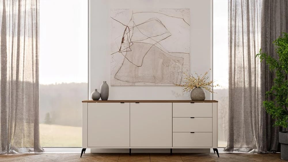CDF Cómoda Cordoba Elegante 2D3S 183cm Ancho 2Puertas 3Cajones Cierre Suave Gris Roble Design Escandinavo Almacenaje Generoso Práctico Dormitorio Salón Oficina Niños Moderno