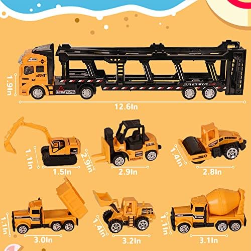 Crelloci 7pcs Construction Truck Toys Cars Transporter Mini Diggers Dumpers Excavator Tractor Set Pull Back Metal Car Carrier Diecast Kids Play Vehicles Model for 3 4 Year Old Boy Girl Children