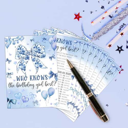 Image of Who Knows The Birthday Best - Blue Party Games Card Set - Blue Bow Themed Sleepover Slumber Party Supplies - Birthday Night Games Creative Idea - 20 Game Cards
