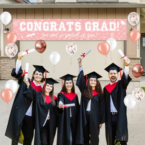 Image of 37Pcs Graduation Banner Balloon Decorations Class of 2026, Congrats Grad Banner Yard Outdoor Decorations, Graduation Balloons Banners Set for High School College Grad Party Supplies, Pink