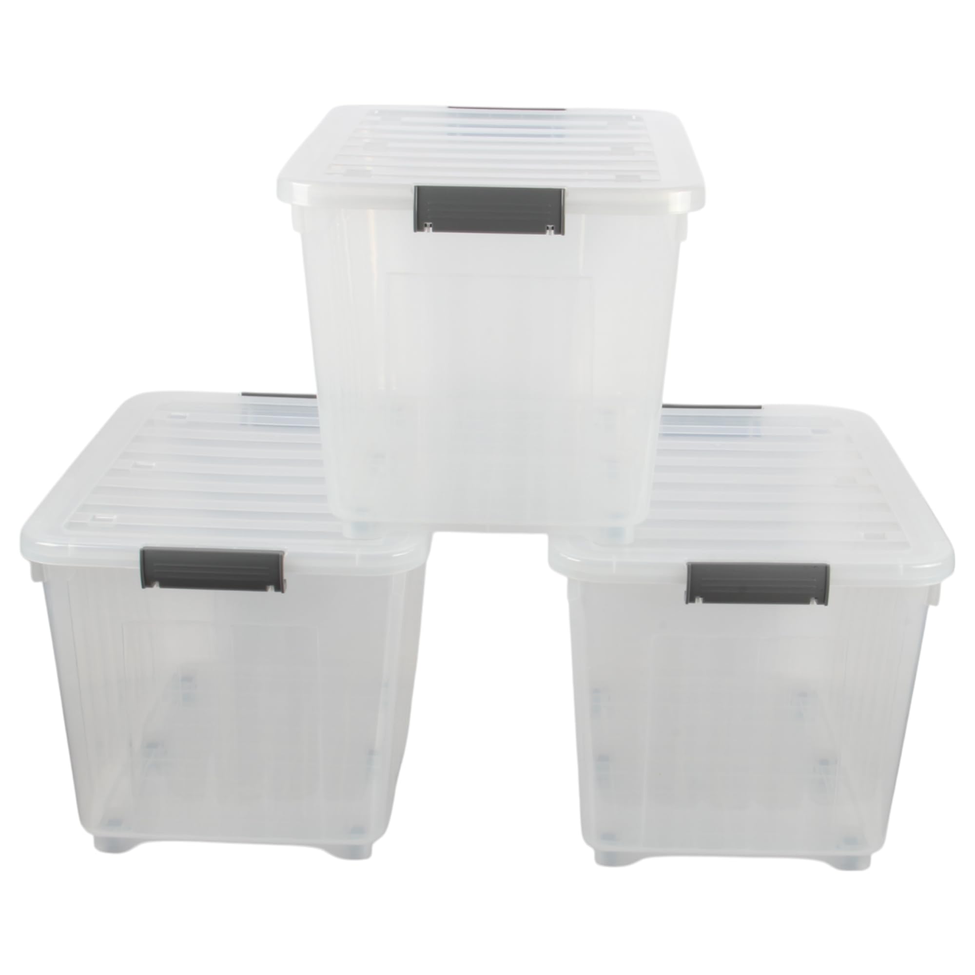 Jolie Max 72L Storage Boxes with Wheels, Heavy-Duty Plastic Storage Containers with Lids, Stackable & Nestable Design with Side Latching Buckles, Transparent. (62 x 44.5 x 40.5 cm) (3)