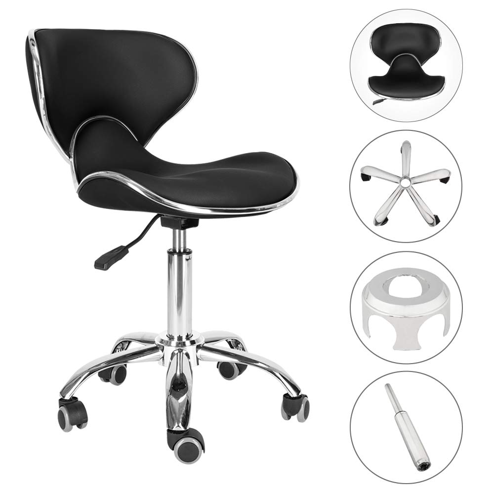 Chеареѕt 🛒 OmySalon Hydraulic Rolling Salon Stool Padded with Back Rest, Modern Cushion Drafting Chair on Wheels for Office Home Counter, Height Adjustable Swivel Barstool, PVC Leather