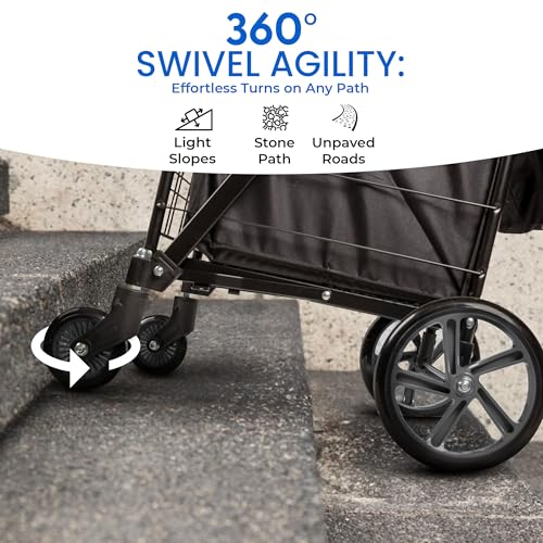 SereneLife Large Folding Utility Shopping Cart with Removable Liner – Heavy Duty, 360° Swivel Wheels, 110 lb Capacity, Portable for Groceries, Laundry, Luggage, and More (Black) by SereneLife - Image 5