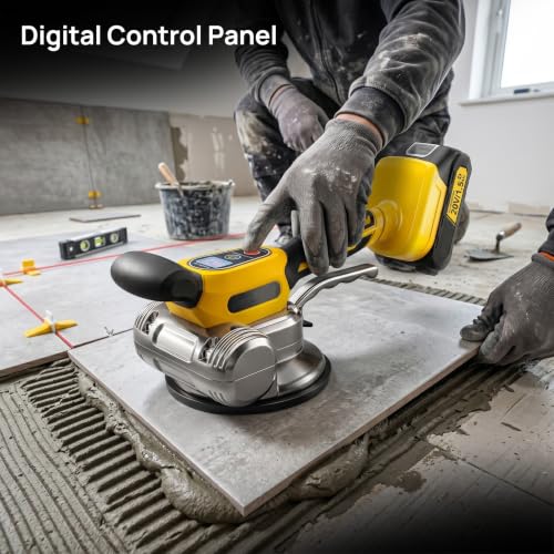 Image of TOMAHAWK TLM-2450 Cordless Tile Vibrator with Suction Cup | 135mm Vacuum Base | 6 Speed Levels | 50kg Vertical Load | 600X600mm Tile Support | Dual 20V 3Ah Battery (Yellow)
