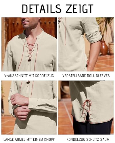 YAOHUOLE Mittelalter Hemd Herren Renaissance Kleidung Gothic Hemden Wikinger Kleidung Khaki L